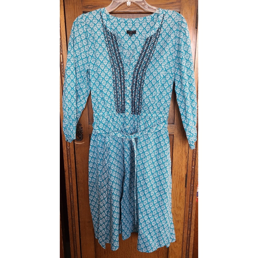 Talbots Petite Turquoise White Block Print Cotton Embroidered Belted Dress 6P